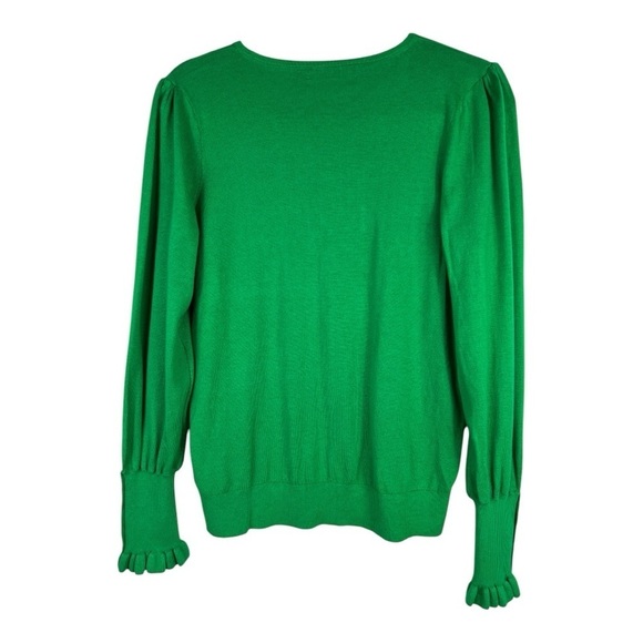 Lauren Ralph Lauren Black Label Sz M Sweater Emerald V Green Neck Ruffle Cuff - Picture 2 of 9